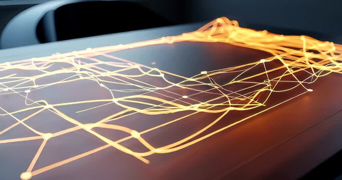 Abstract Network Connection Visualization with Glowing Lines and Data Points on a Table