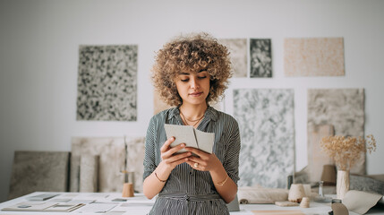 Interior designer reading notes in art studio surrounded by artworks  