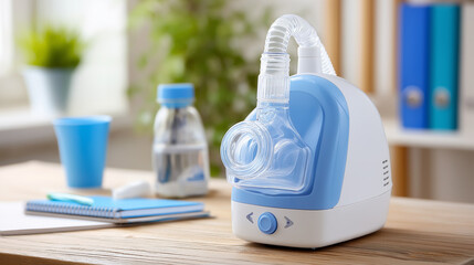 Medical nebulizer device on wooden table with accessories nearby  