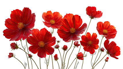 Fototapeta premium Vibrant red cosmos flowers blooming with delicate petals ornamental garden plant seasonal floral blossom isolated on white background