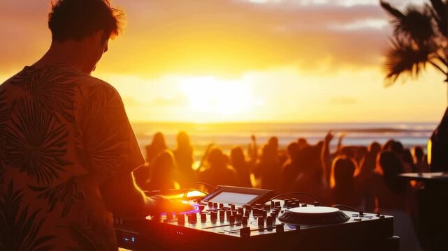 A DJ mixes music as the sun sets over the beach, creating a lively atmosphere. People dance and enjoy the warm evening by the ocean, celebrating together under colorful skies.
