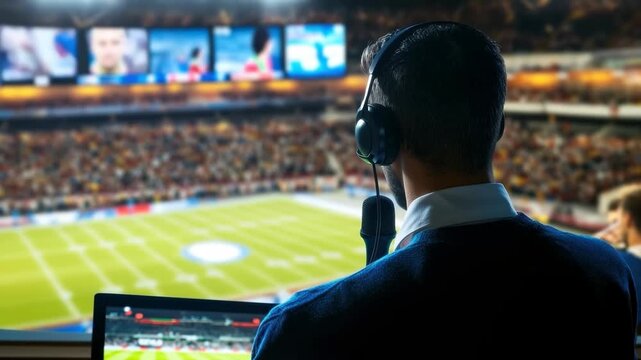 A sports commentator gives live commentary at a bustling stadium filled with fans. The atmosphere is charged as they discuss game strategies and player performances.