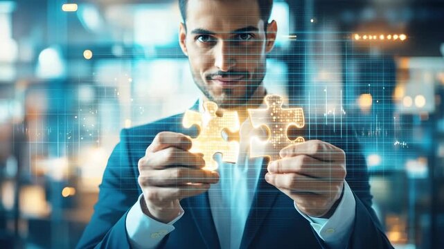 A man in a suit holds two glowing puzzle pieces in a modern office environment. He focuses intently as he combines the pieces, symbolizing problem-solving and innovation. - Powered by Adobe