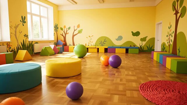 Vibrant and colorful playroom with no children inside, perfect for a kindergarten or daycare setting. The parquet floor is adorned with plush poufs, balls, and building blocks for endless fun