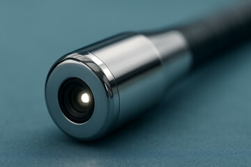 A macro photograph of a sleek endoscope tip with a glowing lens light, symbolizing precision medical imaging and advanced diagnostic technology.