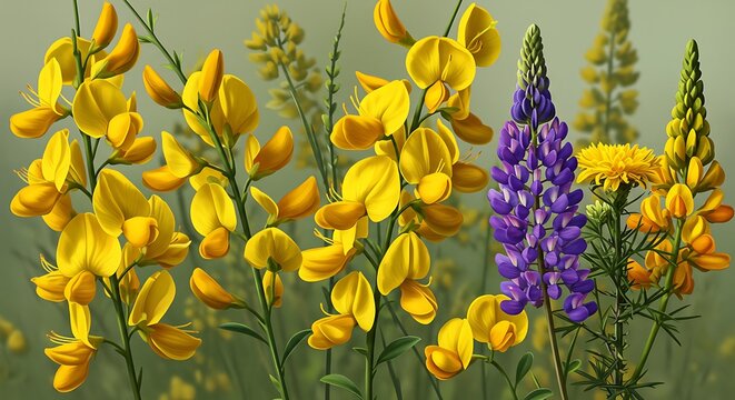Yellow and purple flowers in field
