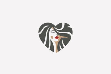 Elegant Woman Face in Heart Shape Vector Illustration