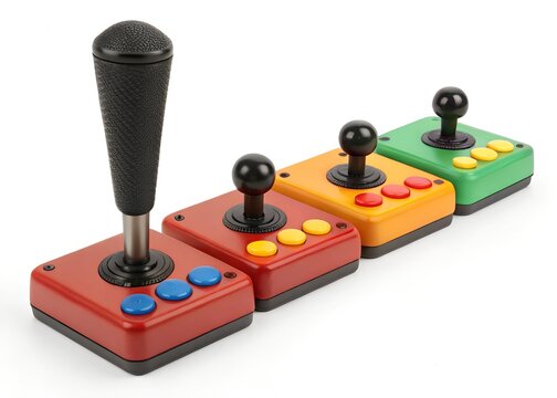 Colorful arcade joysticks in a row for retro gaming enthusiasts and collectors