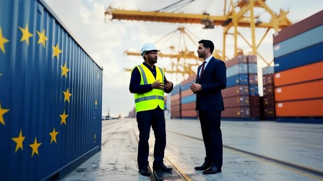 Two professionals converse at a shipping yard filled with cargo containers. One wears a safety helmet and vest while discussing logistics and trade operations.