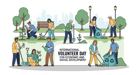 2D flat vector illustration of diverse volunteers working together to plant trees and clean up a city park, symbolizing International Volunteer Day for Economic and Social Development, 