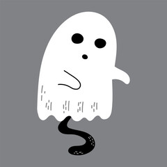 A minimalist white ghost with black eyes and mouth on a gray background