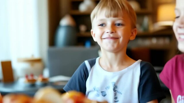 Kids happily share slices of pizza with pepperoni, mushrooms, and peppers. The lively atmosphere of the restaurant adds to their excitement while flavors delight their taste buds.