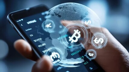 Someone using a smartphone app to manage cryptocurrency transactions. Various currency symbols float around, highlighting the ease of digital trading. - Powered by Adobe