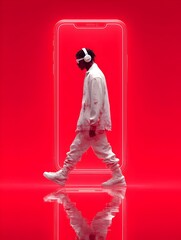 Young man walking with headphones in front of a bright red smartphone outline in a vibrant red studio.