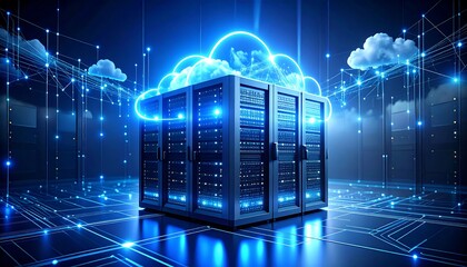 Futuristic server room with cloud computing
