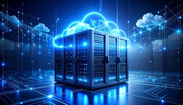 Futuristic server room with cloud computing