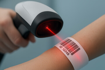 Close-up of a barcode scanner reading a hospital wristband, illustrating digital identification, patient safety, and data management in modern healthcare.