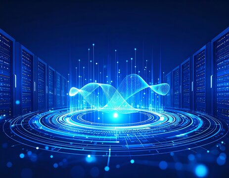 Futuristic server room with glowing circular interface