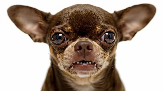 Amusing close up of an irate chocolate chihuahua dog snarling and baring its teeth. The adorable yet feisty small pet is depicted against a plain white backdrop