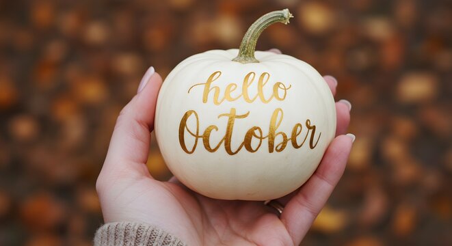 Hand holding a small white pumpkin with hello october in gold script