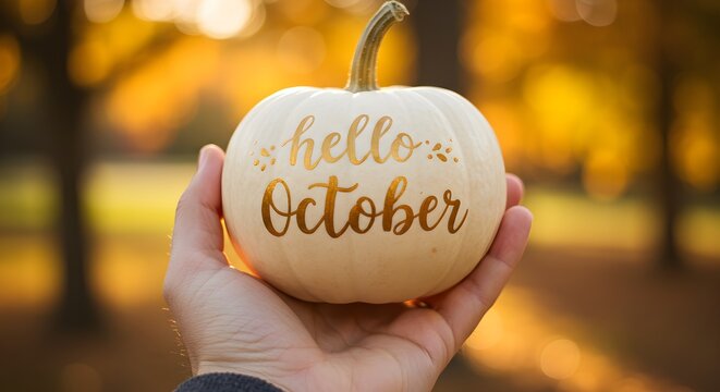 Hand holding white pumpkin with hello october in autumnal setting