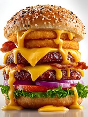 A towe cheeseburger with onion s, bacon, and fresh vegetables is smothered in melted cheddar cheese.