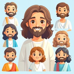 Cartoon Jesus portraits, diverse hairstyles