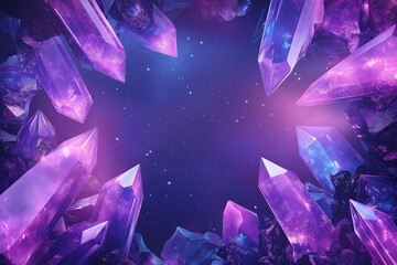 Mystical Gemstone Crystal Frame with Glowing Purple and Blue Background