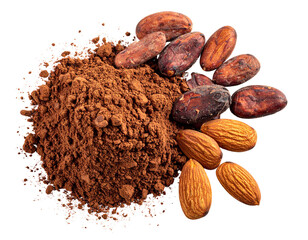 Cocoa powder with cacao beans and almonds