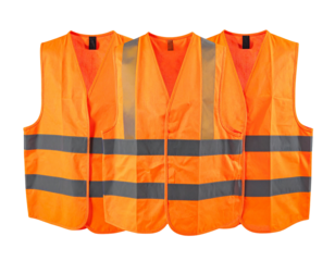 Three bright orange safety vests, laid flat, stacked vertically