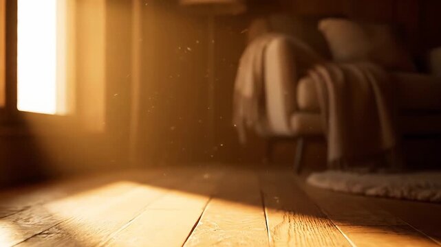 Warm sunbeam streams through the window, casting a golden glow on the inviting living room with wooden floors. Tiny dust motes dance in the air, adding to the serene ambiance