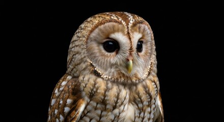 Fototapeta premium Close-up of a tawny owl, detailed plumage, against a black background