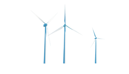 Three stylized wind turbines of varying sizes