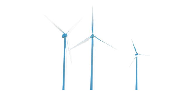 Three stylized wind turbines of varying sizes