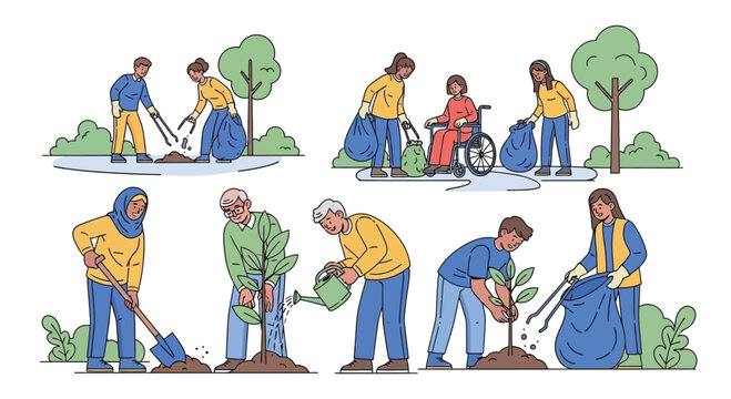 2D flat vector illustration of diverse volunteers working together to plant trees and clean up a city park, symbolizing International Volunteer Day for Economic and Social Development, 
