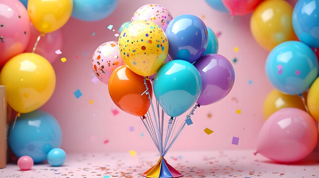 Colorful balloons with confetti on a pink background. Concept of the image - bright festive decoration with elements of fun and joy.