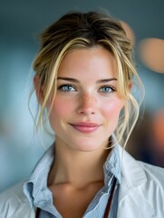 A beautiful young female doctor with blue eyes smiles confidently wea a lab coat in a medical setting.