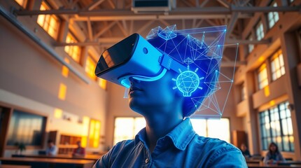 School student with VR headset using AI artificial intelligence technology. machine learning. Interactive technology in classroom. Smart tech. blue hologram in education