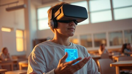 School student with VR headset using AI artificial intelligence technology. machine learning. Interactive technology in classroom. Smart tech. blue hologram in education