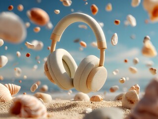 Wireless headphones hover peacefully on a sandy beach as seas drift gently around in the warm sunlight.