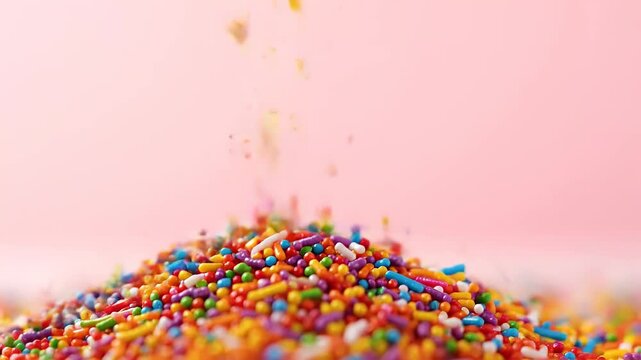 Watch as a mesmerizing cascade of various candy sprinkles falls in slow motion, creating a lively and colorful pile. Ideal for projects related to baking, sweets, and festive occasions