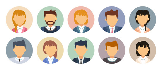 Collection of flat style avatar icons of business people in circles. Vector illustration