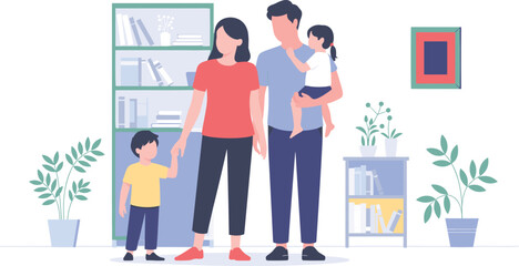 Family home moment, parents with children, cozy living room, casual lifestyle, bookshelf decor, indoor bonding, domestic scene, illustration, warm interaction