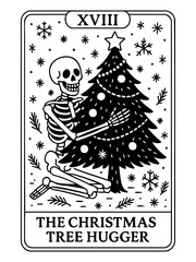 skeleton hugging christmas tree festive tarot card joyful black and white holiday illustration concept of seasonal retail concept of holiday promotion