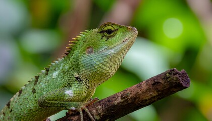 Naklejka premium Elegant Green Crested Lizard on a Branch, Tropical Beauty Captured in Sharp Focus, Emerald Crested Forest Lizard basking on branch in Sri Lankan rainforest