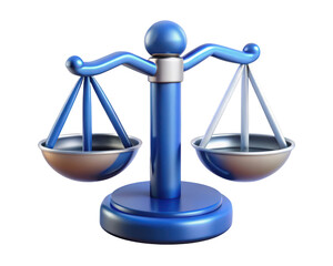 Blue scales of justice symbol law and balance 3d illustration isolated on transparent background