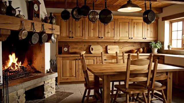 Cozy cottage kitchen featuring rustic wooden furniture and cabinets. A warm fire burns in the stone fireplace, creating a peaceful atmosphere