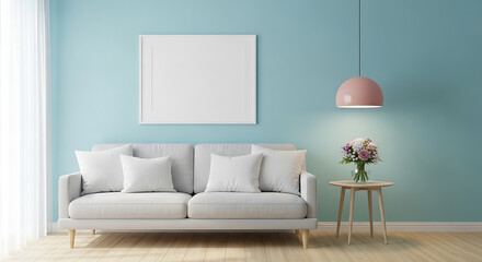 Modern living room interior design with sofa and lamp on pastel walls