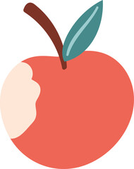 A red apple with a bite taken out of it featuring a stem and leaf