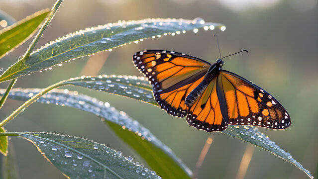 Monarch butterfly resting on a wet leaf during early morning in a tranquil garden setting
